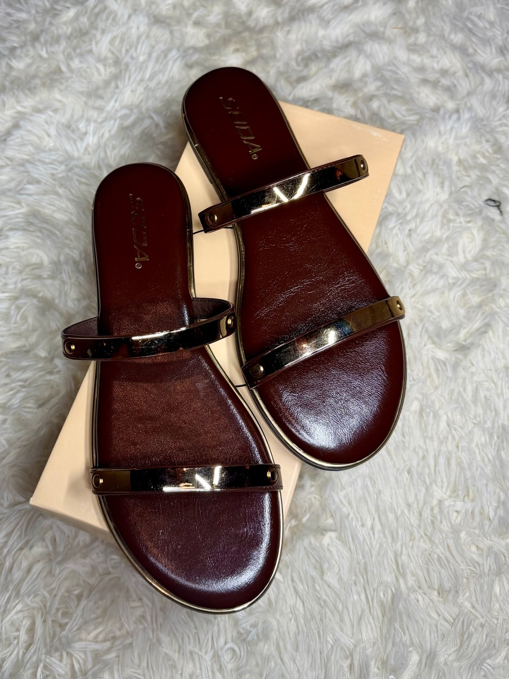 Soda Women's Dark Brown Slide Sandals with Metallic Straps